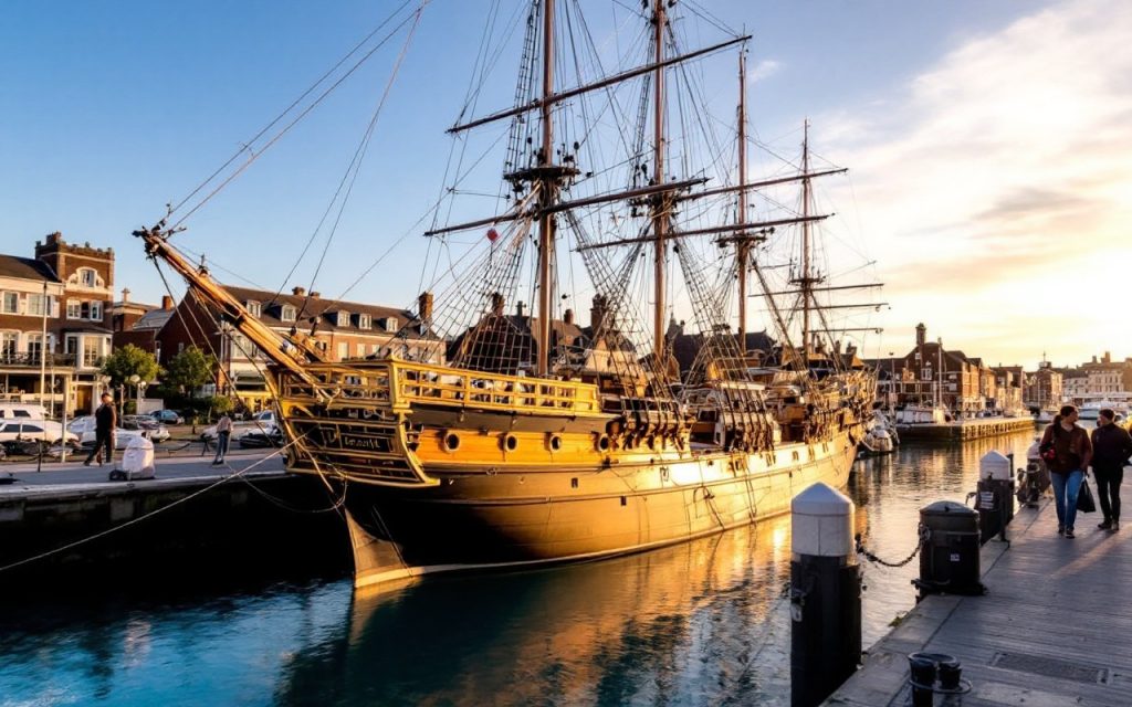 Image d'un navire historique, l'Hermione, amarré dans le port de Bayonne, avec des voiles déployées et un éclairage doux du coucher de soleil, entouré de bâtiments pittoresques et de l'eau bleue.