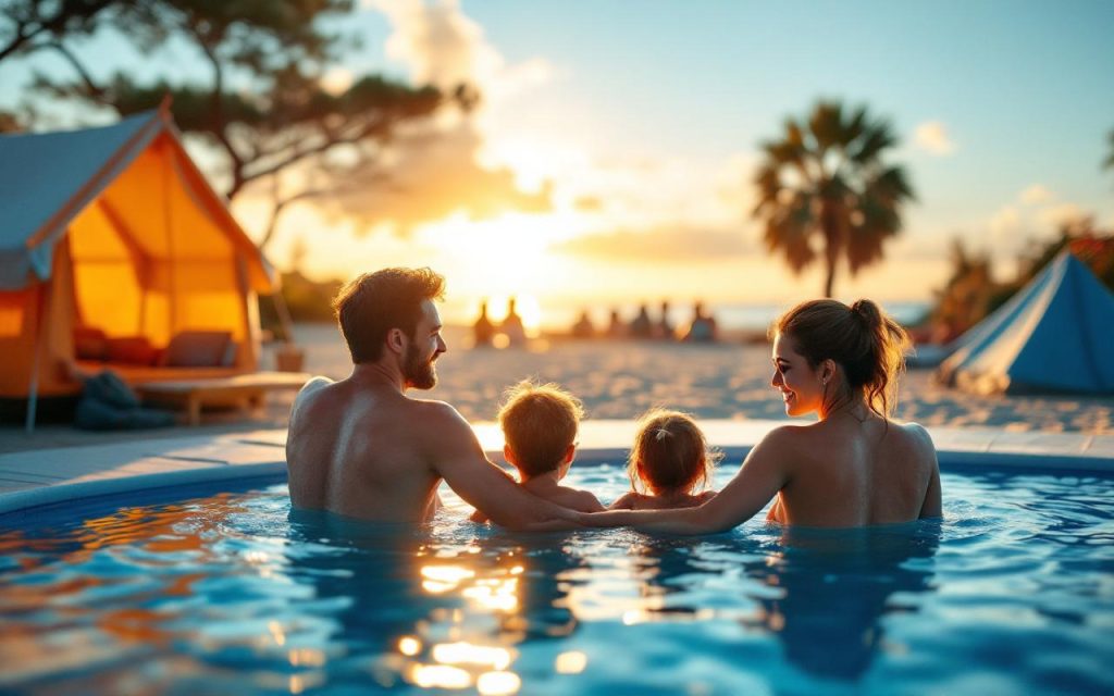Famille se détendant autour d'une piscine chauffée dans un camping en bord de mer au coucher du soleil, parents et enfants souriants, tentes et caravanes en arrière-plan, lumière volumétrique douce et ambiance chaleureuse.