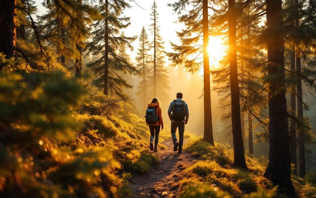 Couple en randonnée au lever du soleil dans une forêt de pins, éclairés par une lumière dorée et des rayons volumétriques traversant les arbres, légère brume matinale, ambiance intime et naturelle.
