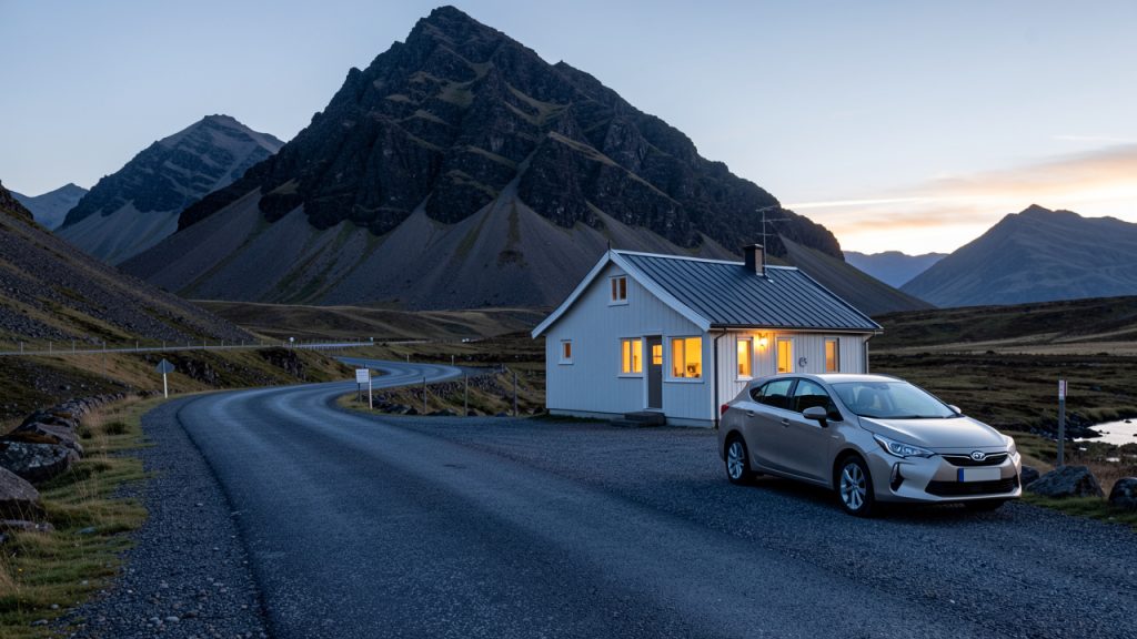 Route islandaise sinueuse bordée de montagnes sombres, avec une petite guesthouse lumineuse et une voiture de location sous la lumière dorée de la fin de l’été.