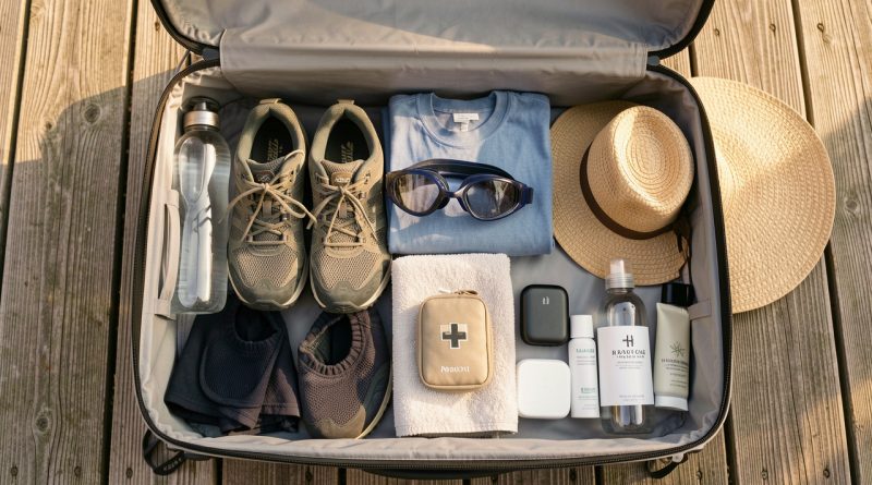Bagage cabine ouvert contenant des accessoires pour des vacances actives, notamment des chaussures de randonnée, des vêtements légers, des lunettes de natation, une gourde, une serviette compacte et une trousse de premiers soins.
