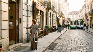 Une femme avec une petite valise évalue un quartier urbain agréable, proche d’un hôtel, de cafés, des transports et des sites à visiter.