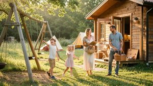 Une famille avec deux enfants découvre un hébergement confortable dans un camping, près d’une aire de jeux et d’une prairie verdoyante.