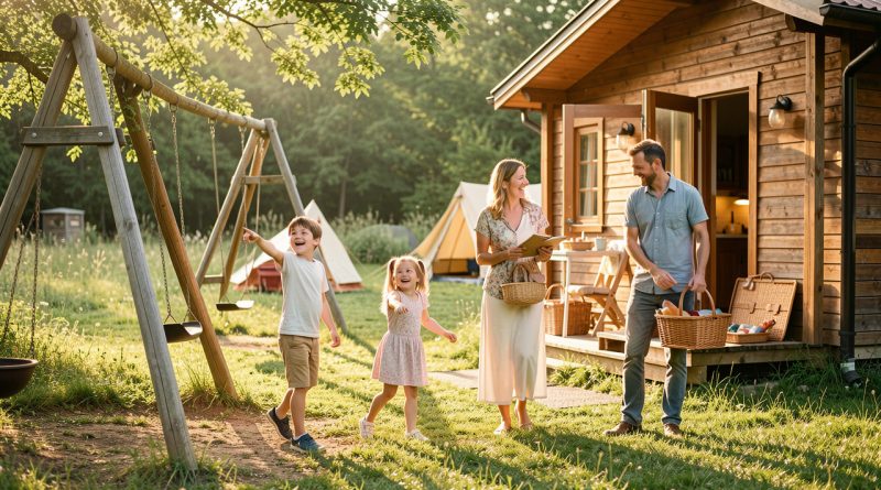 Une famille avec deux enfants découvre un hébergement confortable dans un camping, près d’une aire de jeux et d’une prairie verdoyante.
