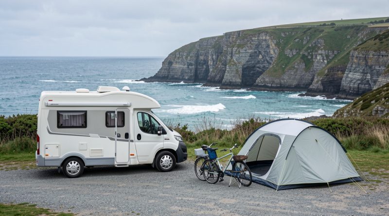Un van aménagé installé dans un camping côtier breton, face à la mer et aux falaises, avec une tente, des chaises pliantes et des vélos.