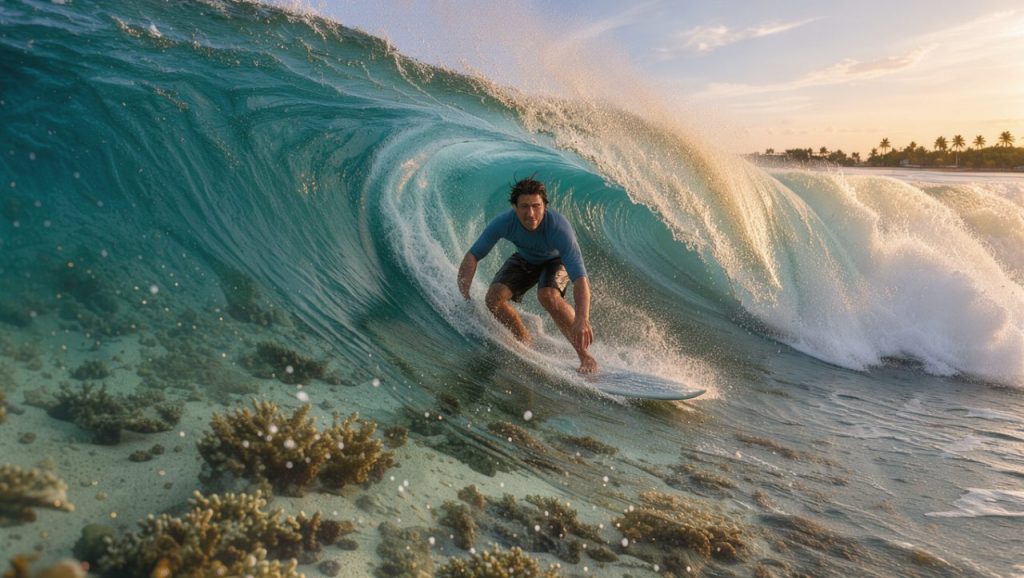 Un surfeur expérimenté prend une vague tubulaire au-dessus d’un récif corallien visible dans une eau turquoise, à Siargao au lever du soleil.