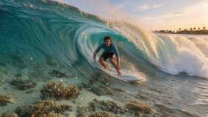 Un surfeur expérimenté prend une vague tubulaire au-dessus d’un récif corallien visible dans une eau turquoise, à Siargao au lever du soleil.