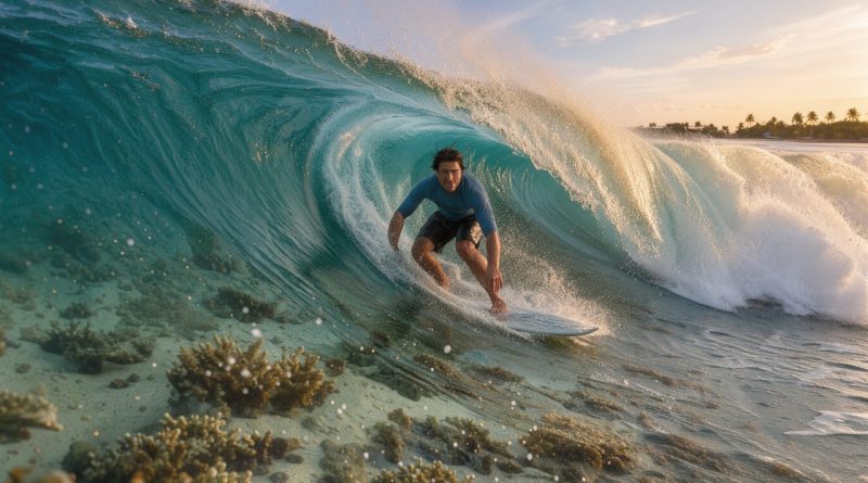 Un surfeur expérimenté prend une vague tubulaire au-dessus d’un récif corallien visible dans une eau turquoise, à Siargao au lever du soleil.