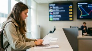 Une jeune voyageuse organise un passeport ouvert et des documents d’embarquement vierges dans un aéroport, près d’un tableau des départs flou et abstrait.