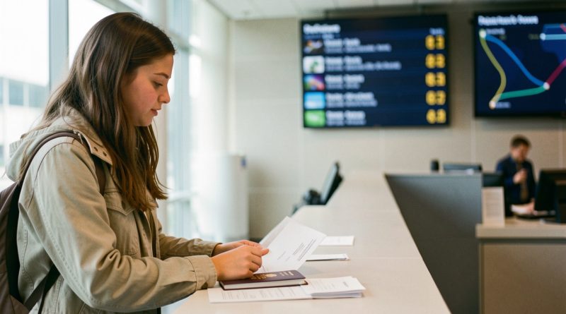 Une jeune voyageuse organise un passeport ouvert et des documents d’embarquement vierges dans un aéroport, près d’un tableau des départs flou et abstrait.